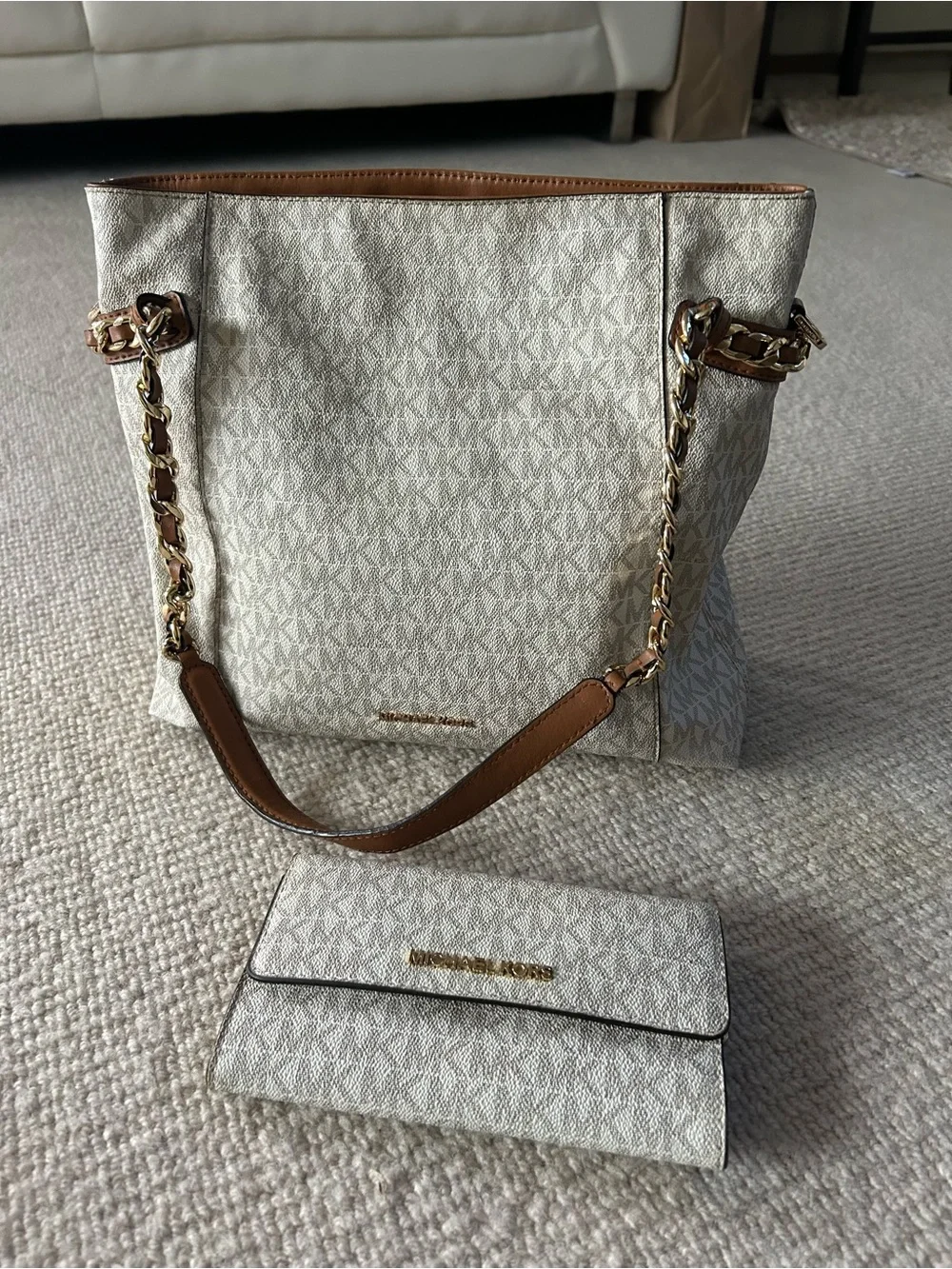 Michael Kors Cream & Brown Chain-Handle Tote with Matching Wallet